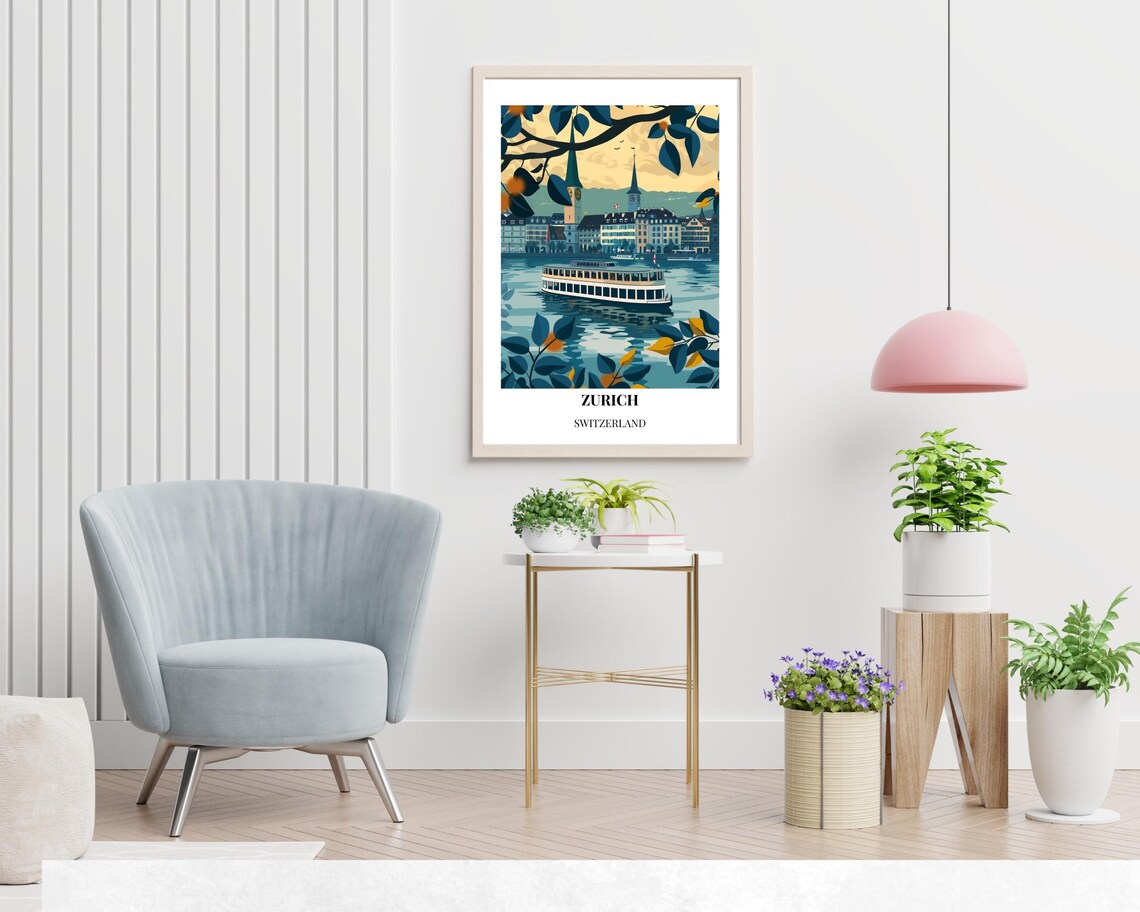 Zurich Switzerland Lake Steamer and Old Town Vintage View Poster - Image 2