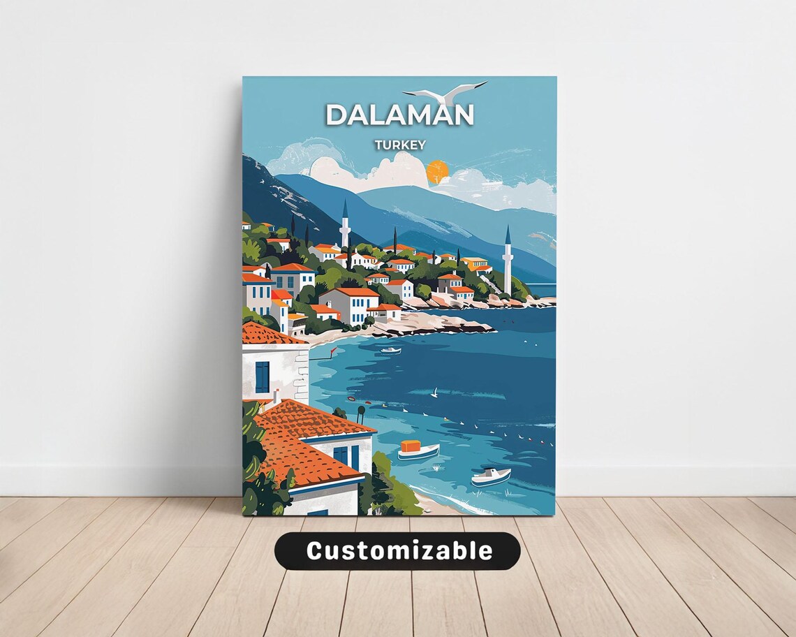 Dalaman Turkey Travel Poster With Coastal Town And Minarets Art