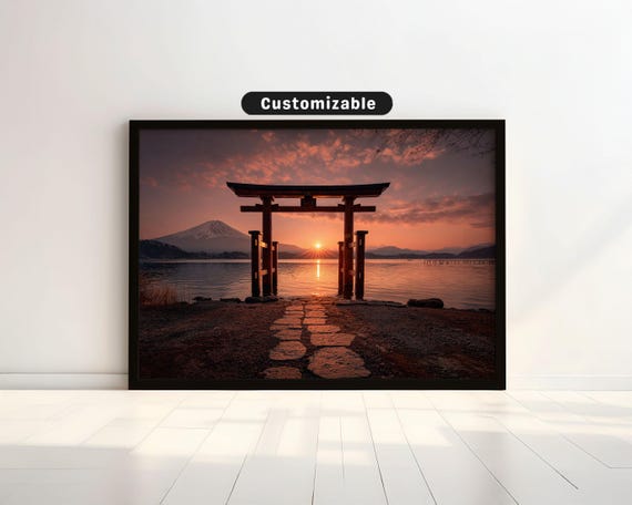 Sunset Over Mt Fuji Seen Through Torii Gate At Lake Edge Japanese Wall Art Print Zen Asian Decor
