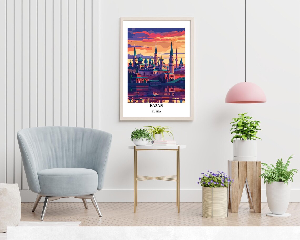 Kazan Russia Sunset Kremlin Skyline Modern Travel Art Poster - Image 2