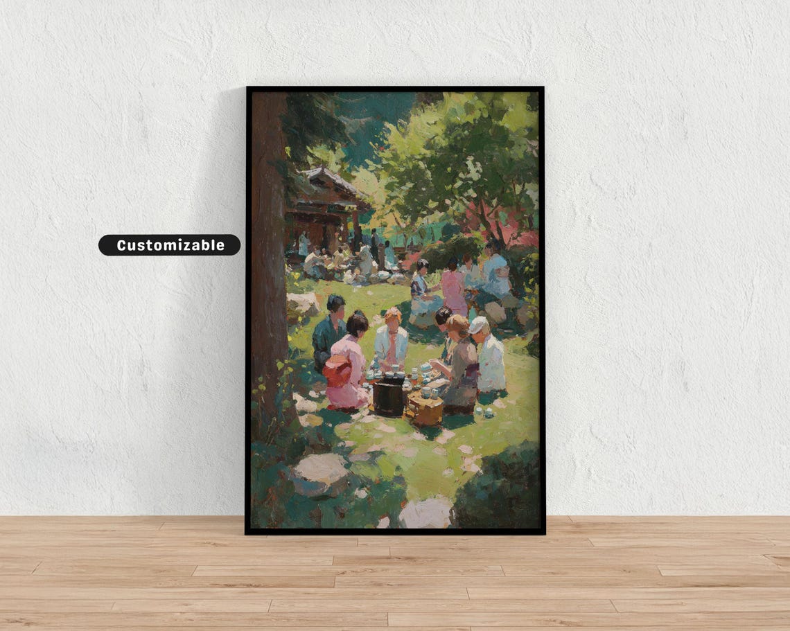 Painterly Outdoor Japanese Tea Ceremony in Sunlit Garden Poster