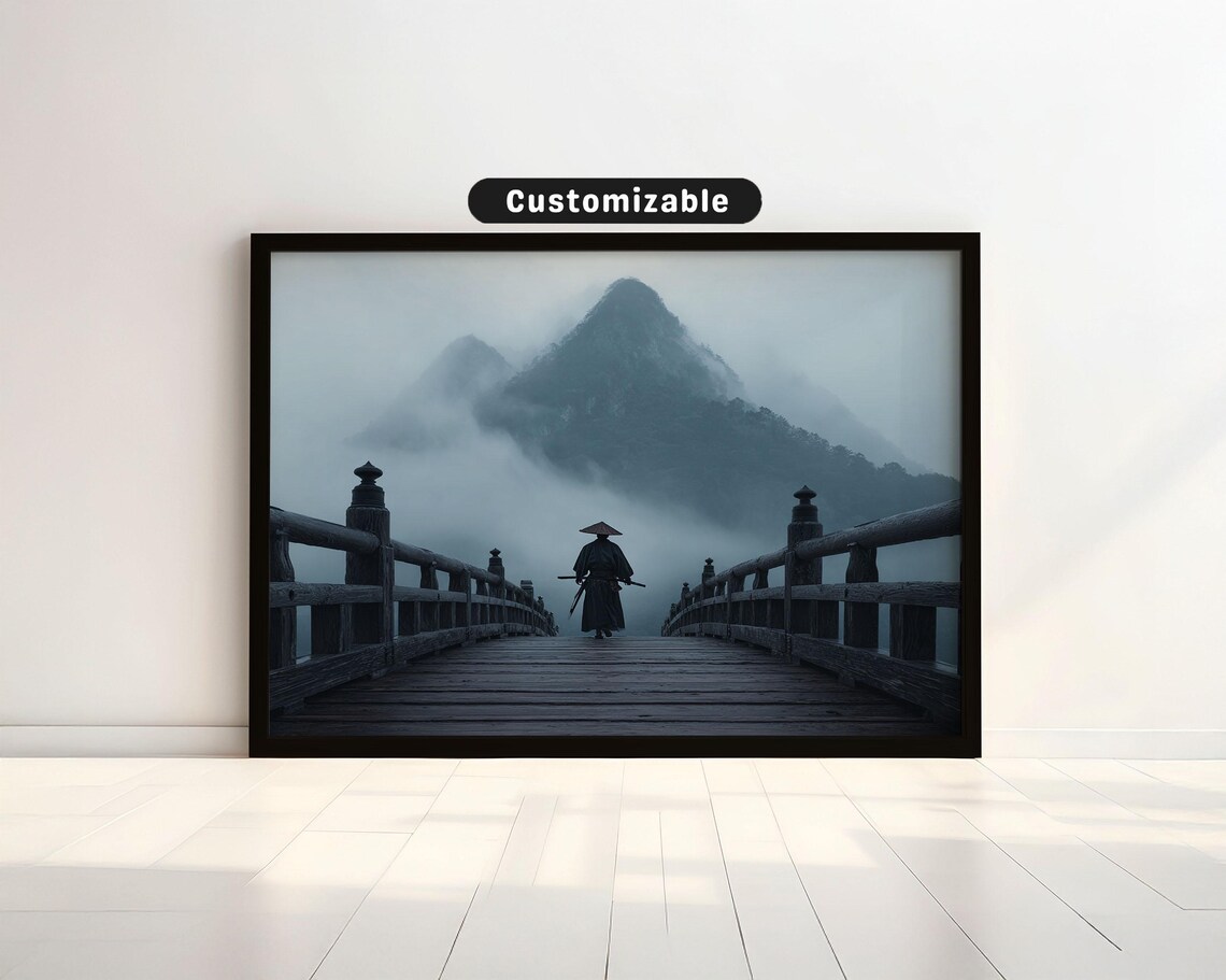 Samurai Crossing Wooden Bridge Toward Foggy Mountain Japan Poster