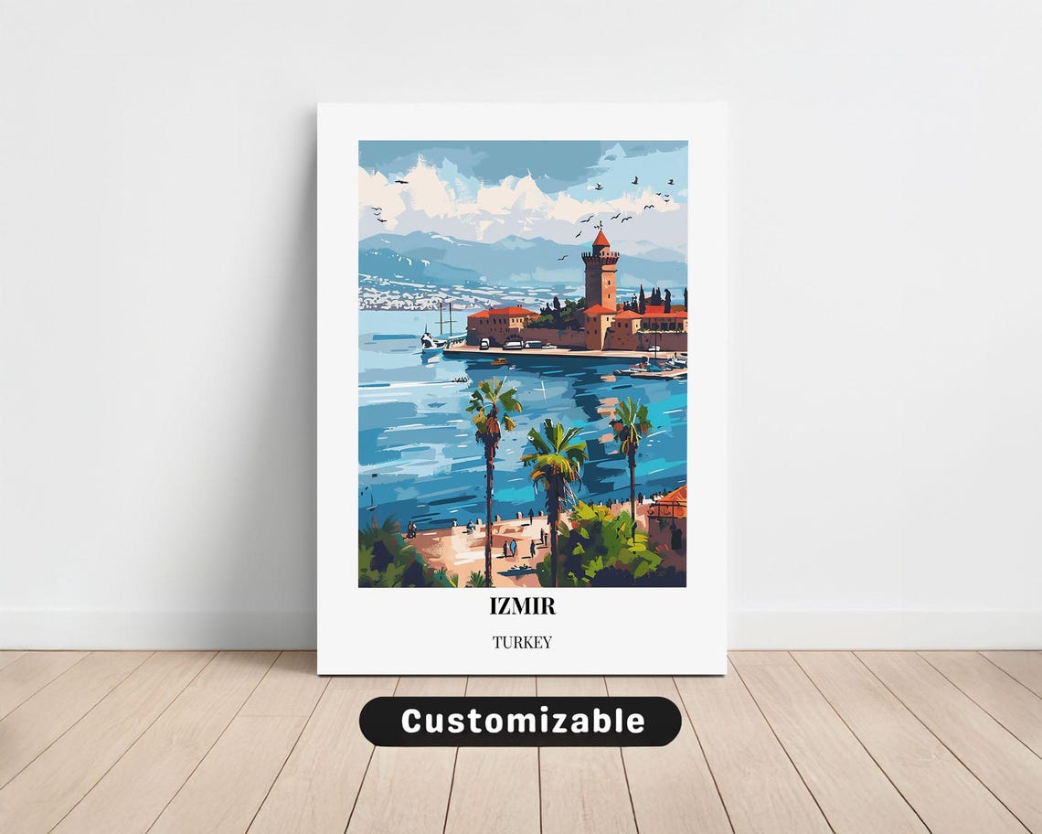 Izmir Turkey Clock Tower Waterfront Harbor View Travel Poster