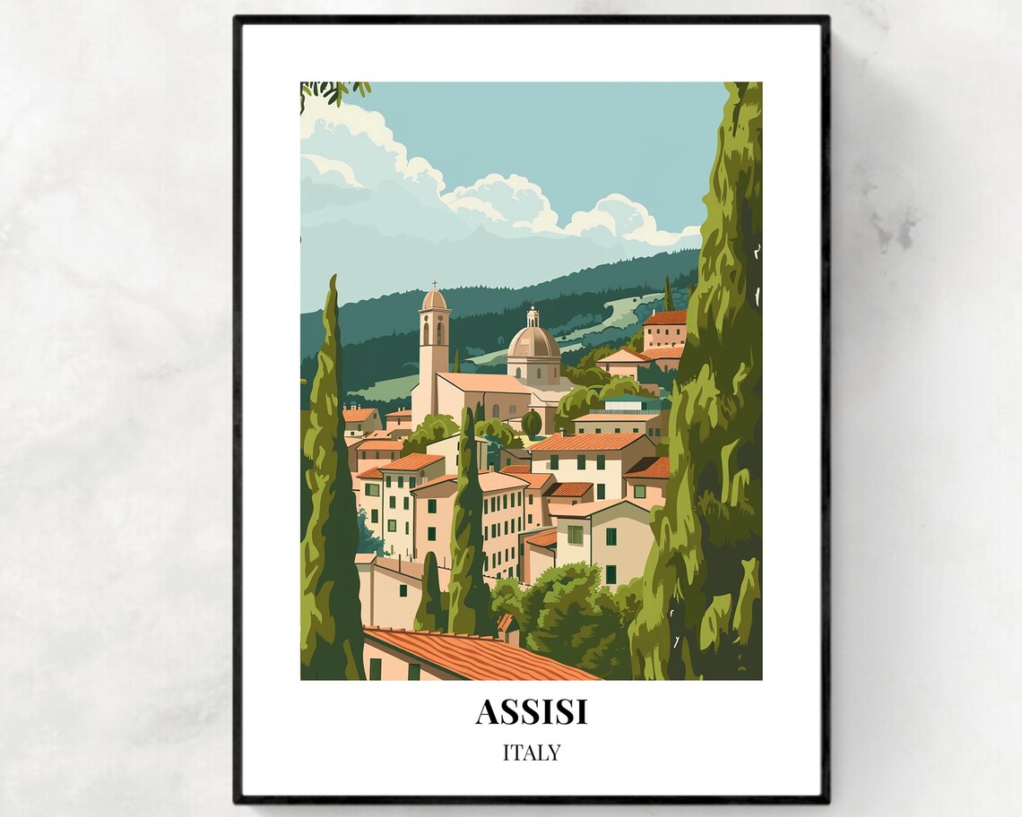 Assisi Italy Hill Town With Cypresses Vintage Travel Poster Art