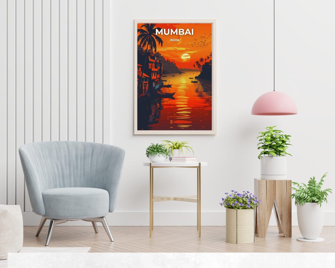 Fiery Mumbai India Harbor Sunset Boats Silhouette Travel Poster - Image 2