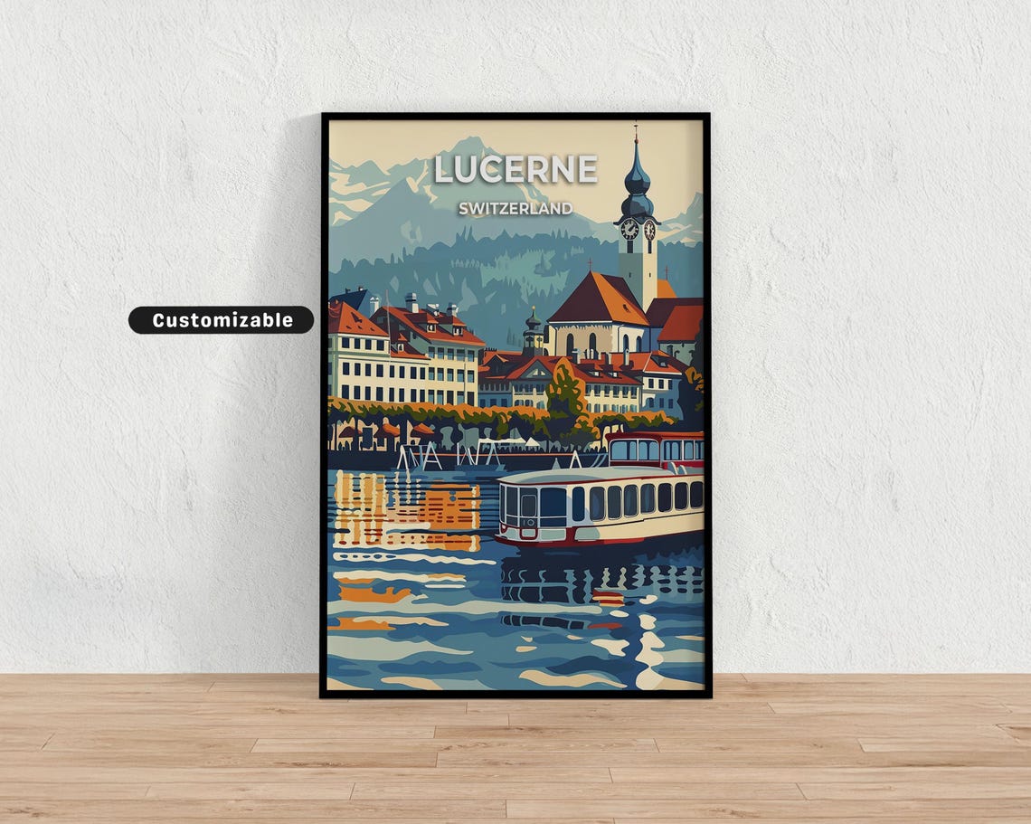 Lucerne Switzerland Lake Boat Classic Vintage Travel Style Poster