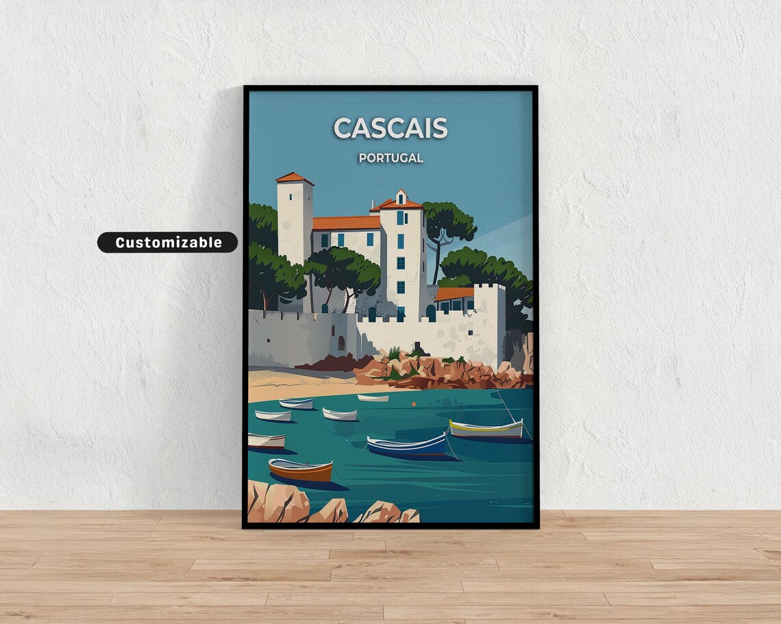 Cascais Portugal Seaside Fortress Boats Custom Travel Poster