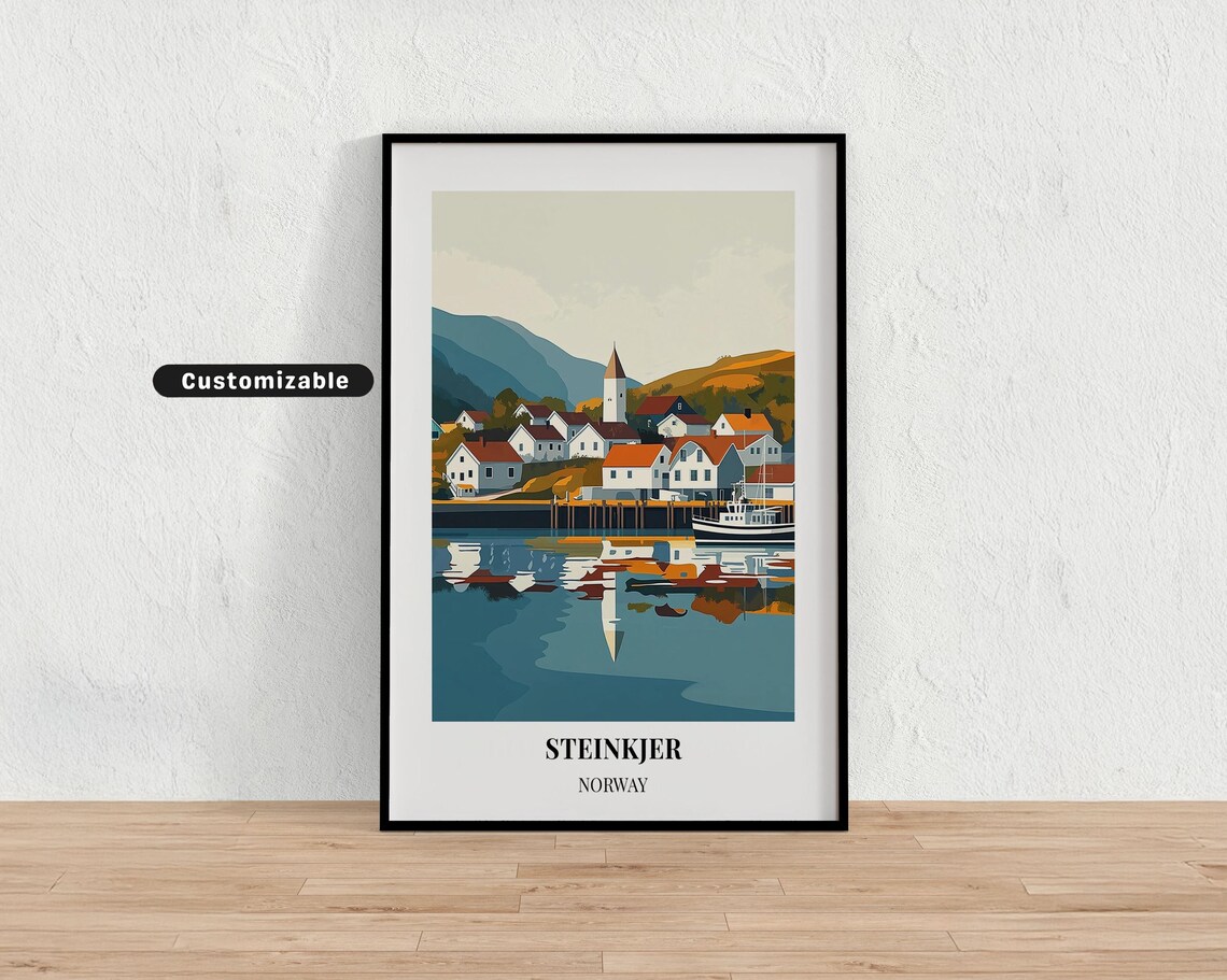 Steinkjer Norway Waterfront Church Reflections Scenic Travel Poster