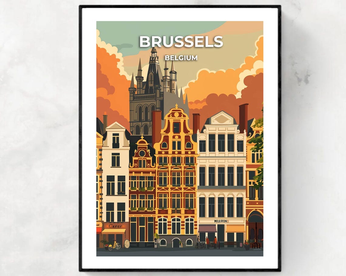 Brussels Belgium Historic Guildhalls Sunset Vintage Travel Poster