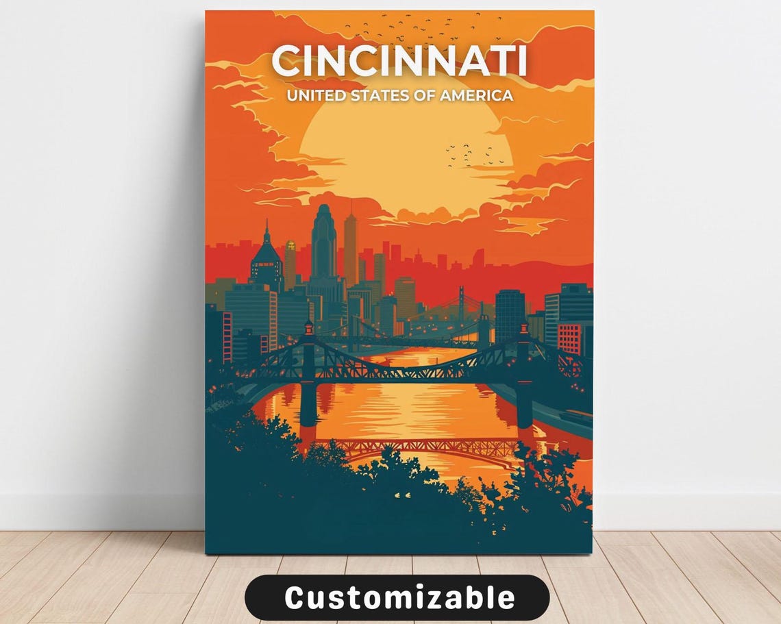 Cincinnati Sunset Skyline River Bridge Vintage Travel Poster