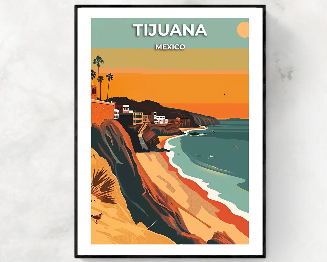 Tijuana Mexico Sunset Cliffs and Golden Beach Vintage Travel Poster
