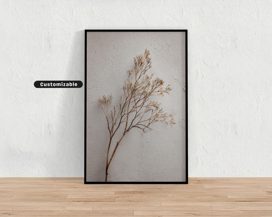 Minimal Dried Plant Branch In Light Taupe Color Botanical Wall Art Neutral Nature Print