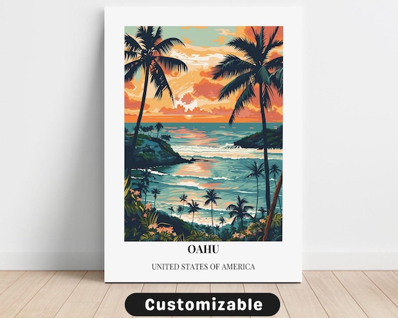 Oahu Hawaii Sunset Palm Beach Tropical Travel Destination Poster