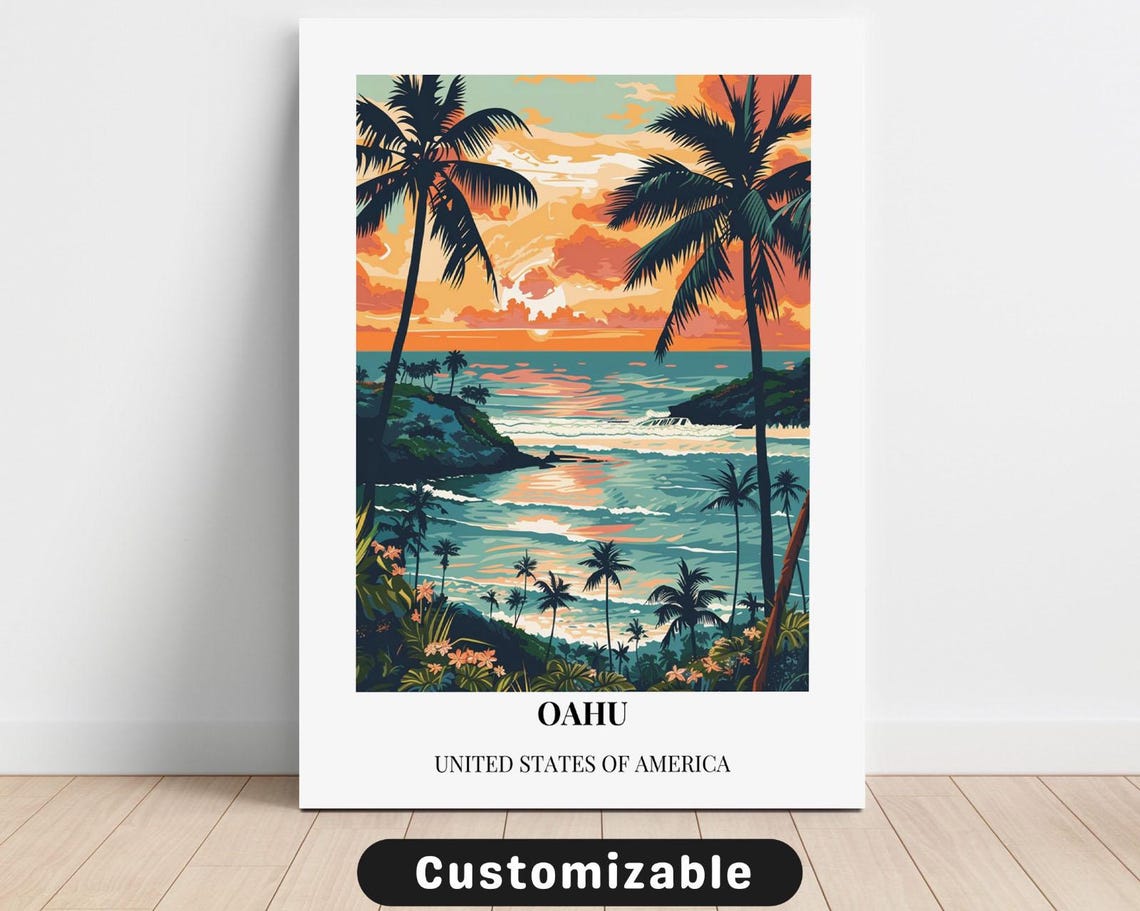 Oahu Hawaii Sunset Palm Beach Tropical Travel Destination Poster
