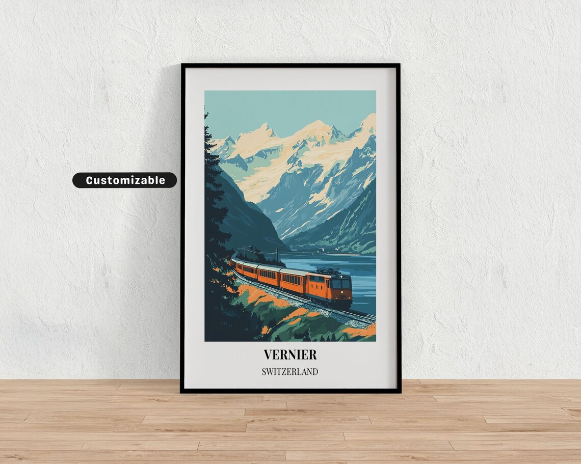 Vernier Switzerland Red Train Alpine Lake Vintage Travel Poster