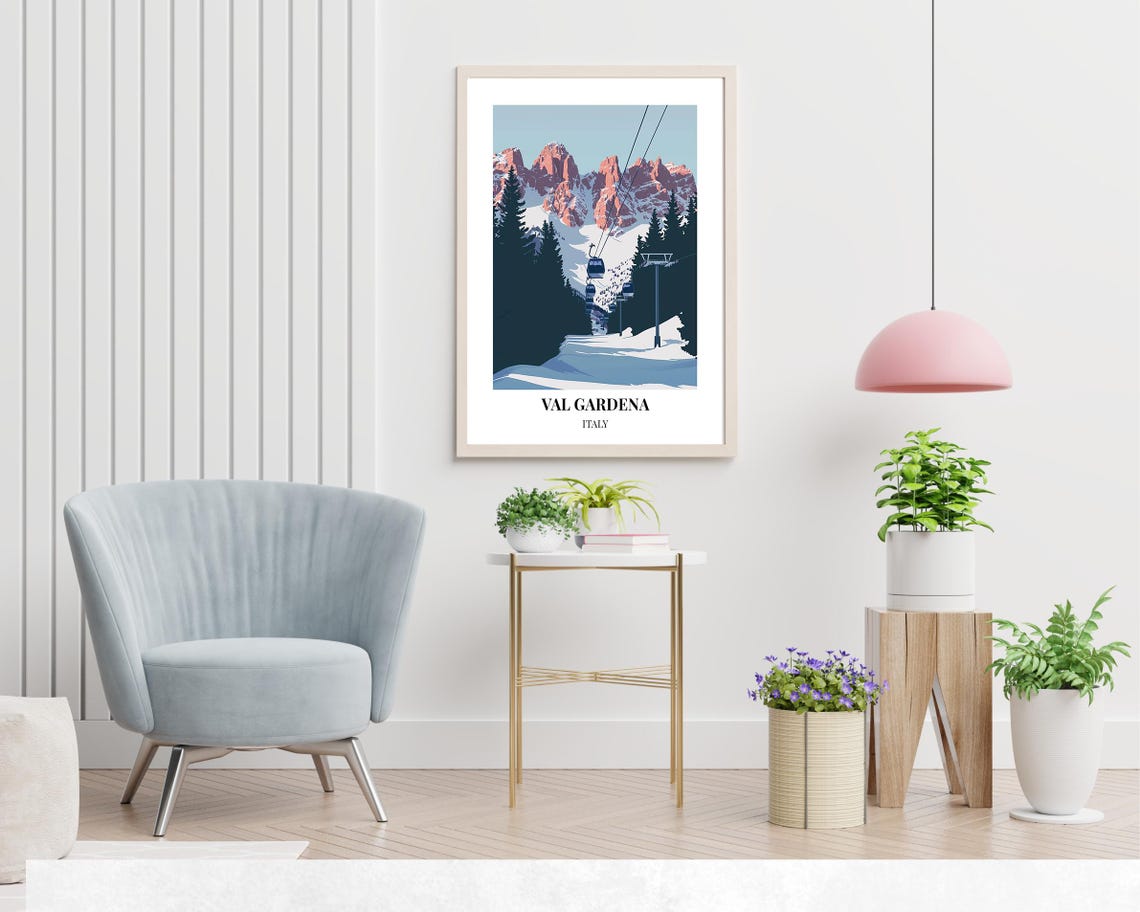 Val Gardena Italy Alpenglow Peaks Gondola Slopes Forest Poster - Image 2