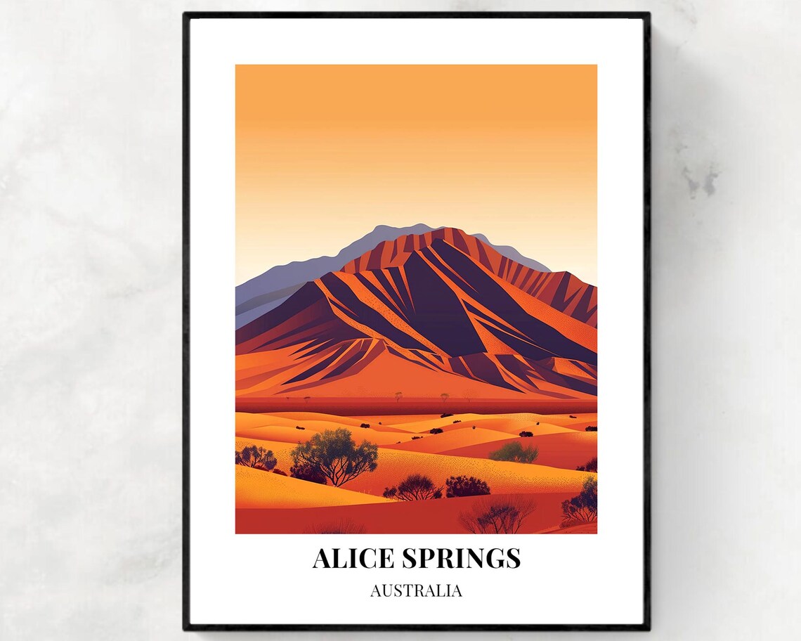 Alice Springs Australia Desert Mountain Sunset Dunes Travel Poster