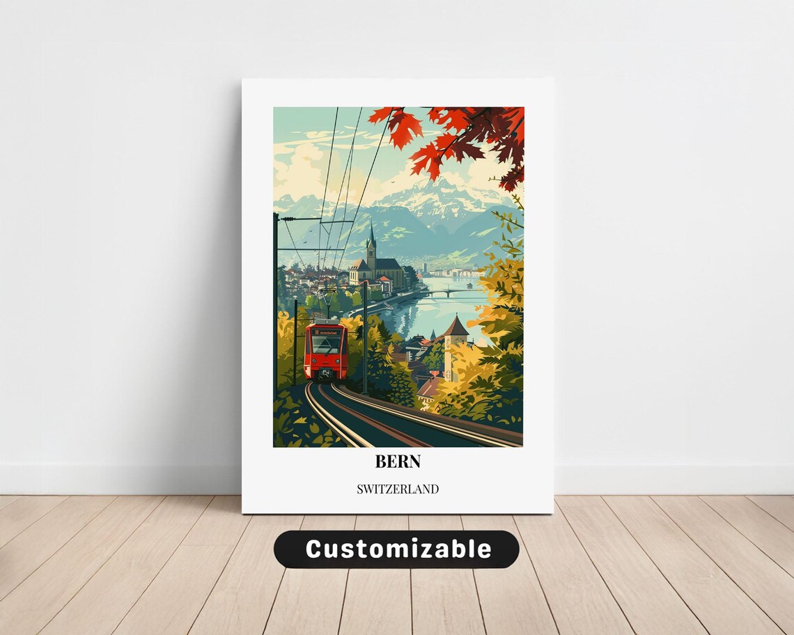 Bern Switzerland Red Funicular Autumn Lake View Vintage Travel Poster