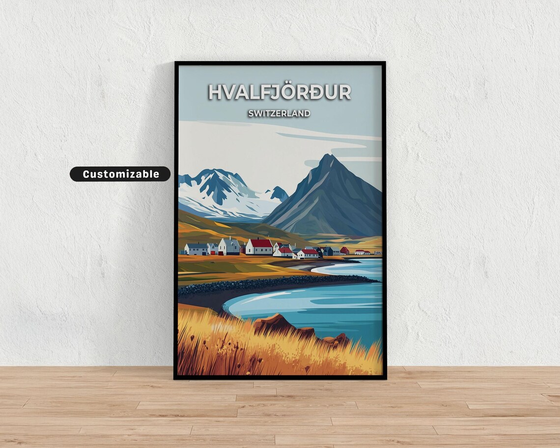 Hvalfjörður Switzerland Fjord Village Mountain Travel Poster
