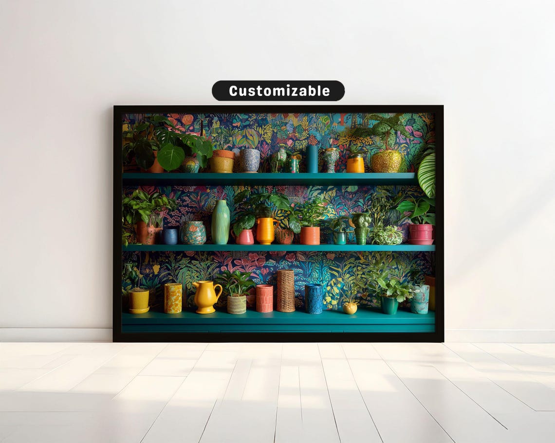 Maximalist Plant Shelf With Bold Background Wallpaper Wall Art Mediterranean Botanical Decor