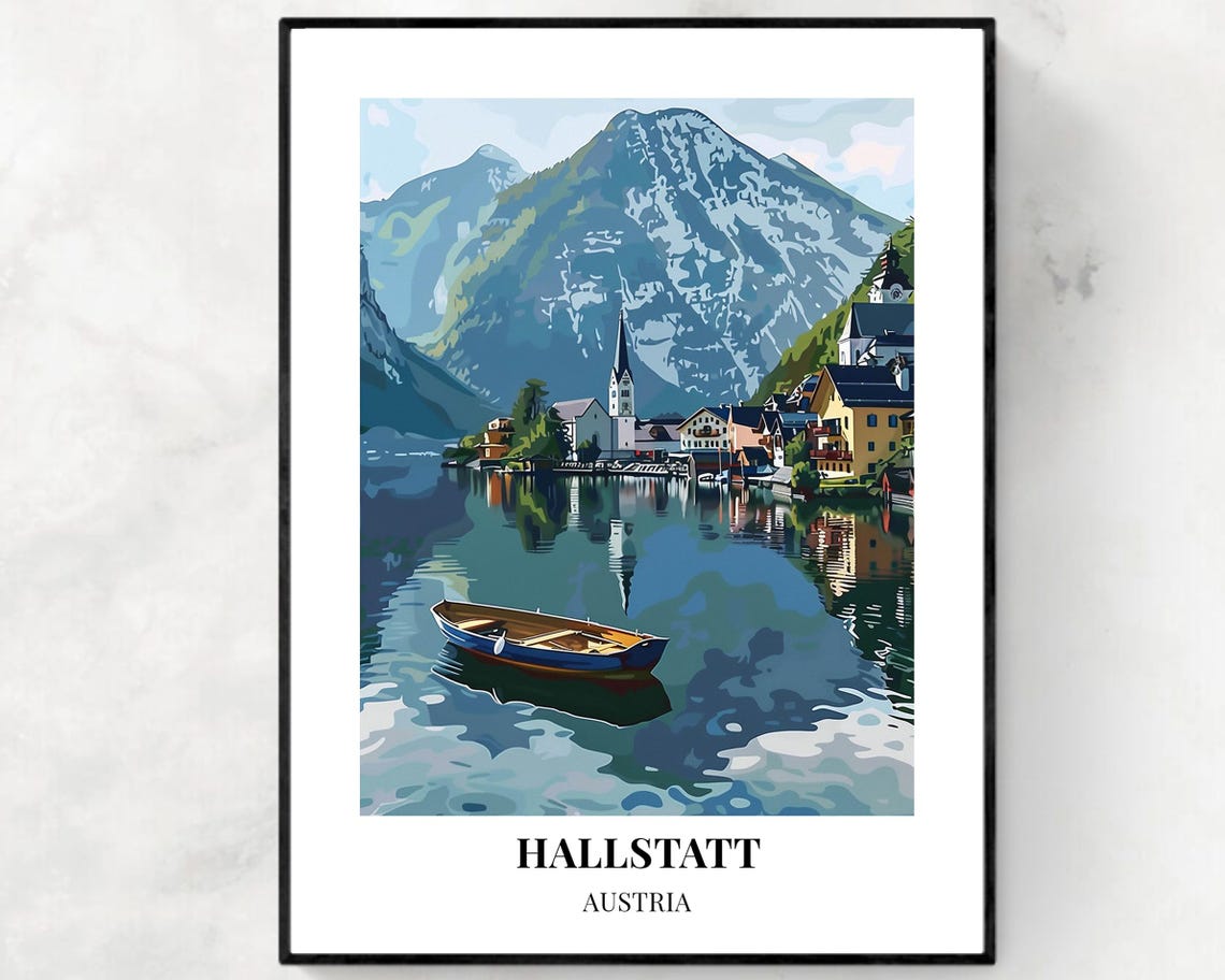 Hallstatt Austria Lakeside Village Mountain Reflection Travel Poster
