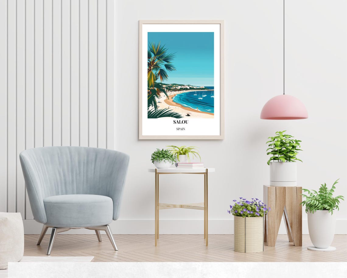 Salou Spain Sandy Beach with Palm Tree and Sailboats Travel Poster - Image 2
