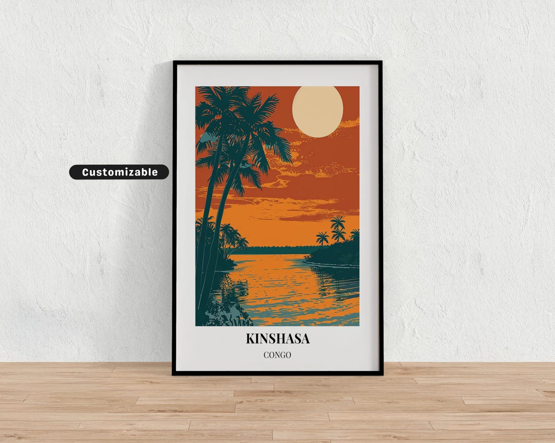 Kinshasa Congo Palm River Sunset Orange Sky Customizable Travel Poster