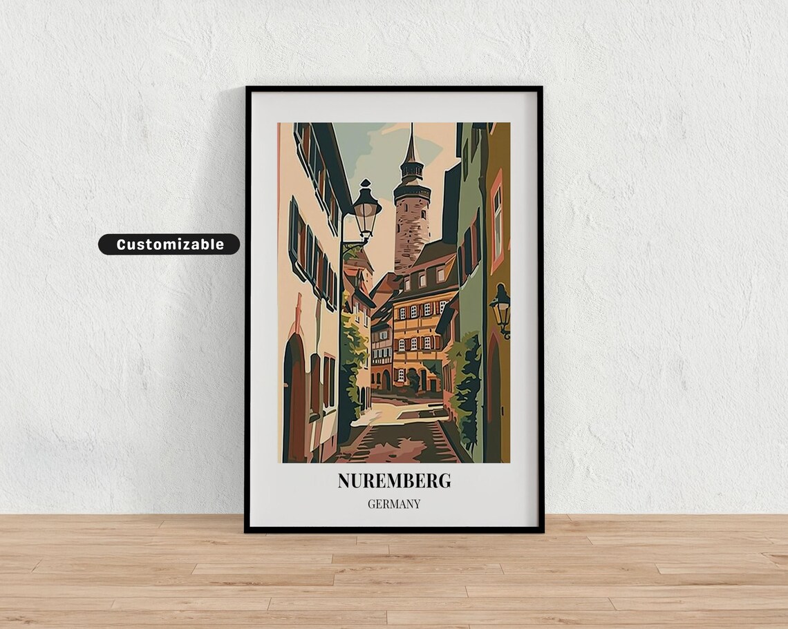 Nuremberg Germany Travel Poster Old Town Street Tower City View