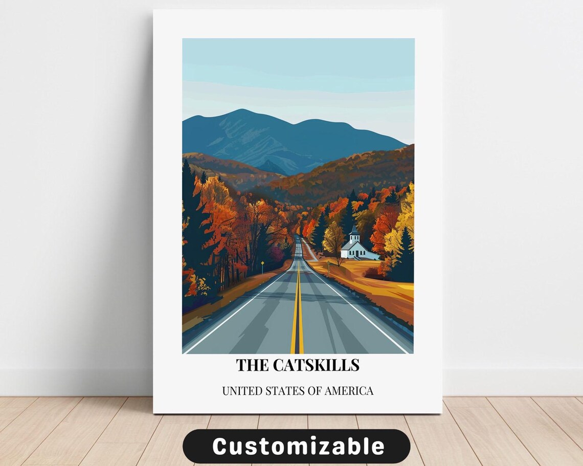 The Catskills Fall Foliage Mountain Valley Classic Travel Poster Artwork