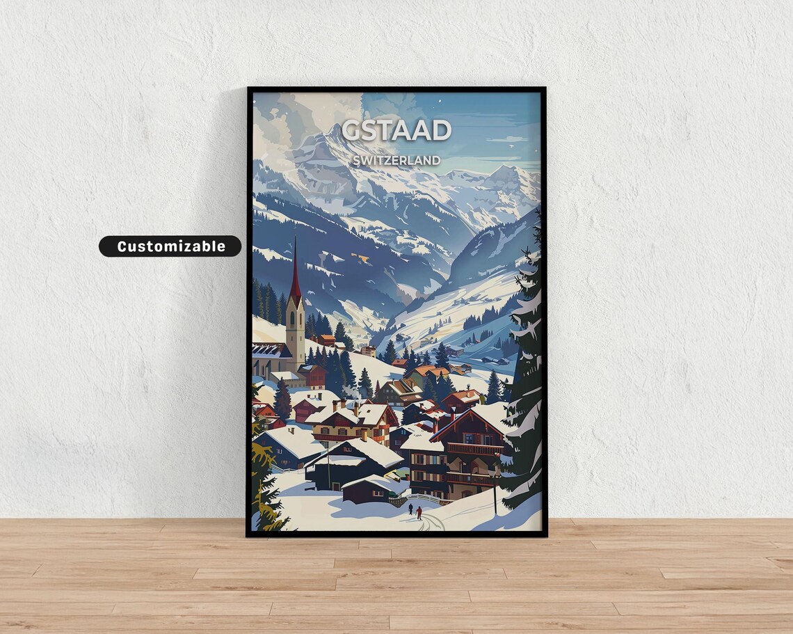 Gstaad Switzerland Vintage Travel Poster Snowy Village Church