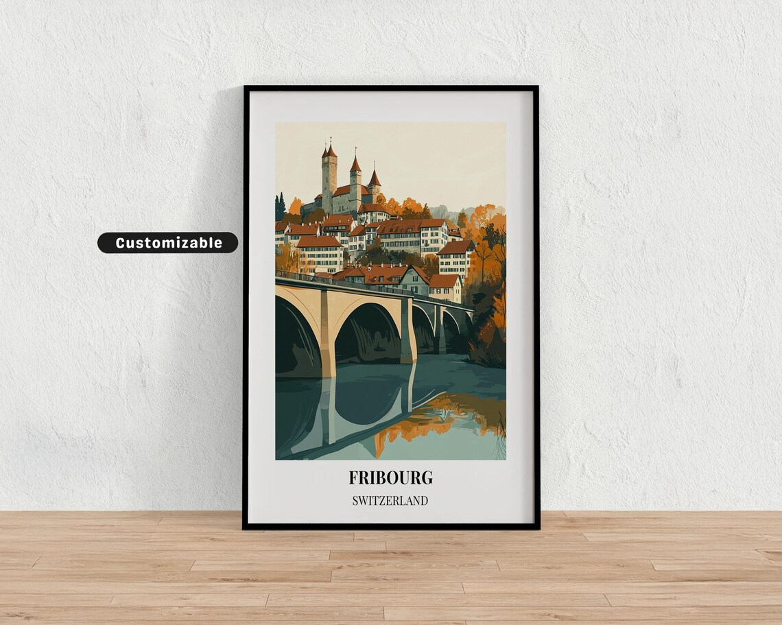 Fribourg Switzerland Old Town Hill Bridge Autumn Minimalist Poster