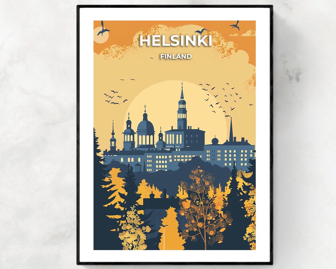 Helsinki Finland Retro Skyline Cathedral Sunset Birds Travel Poster