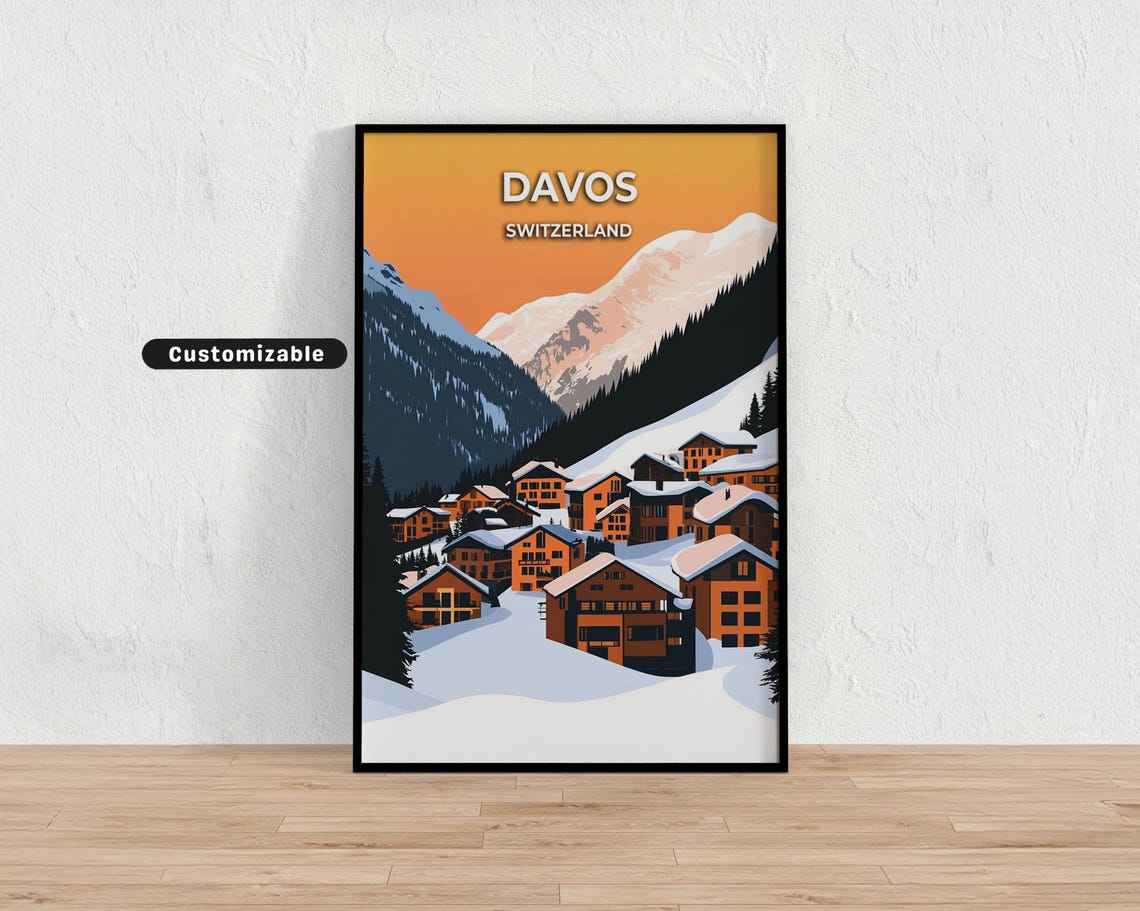 Davos Switzerland Snowy Alpine Village Sunset Orange Sky Poster