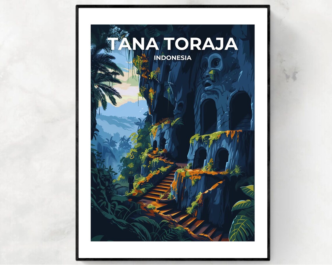 Tana Toraja Indonesia Mystical Night Cliff Tombs Jungle Travel Poster