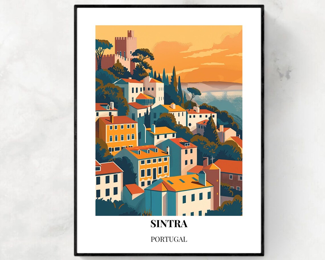 Sintra Portugal Sunset Hillside Village Castle Walls Travel Poster
