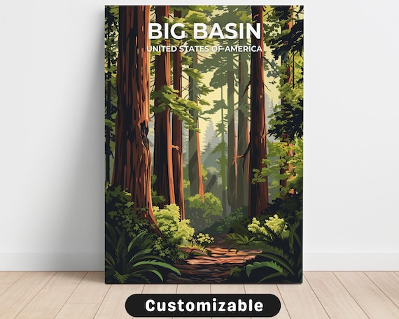 Big Basin United States Vintage Travel Poster Redwood Forest Trail Artwork