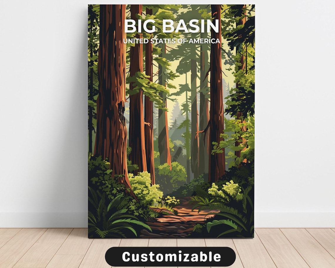 Big Basin United States Vintage Travel Poster Redwood Forest Trail Artwork