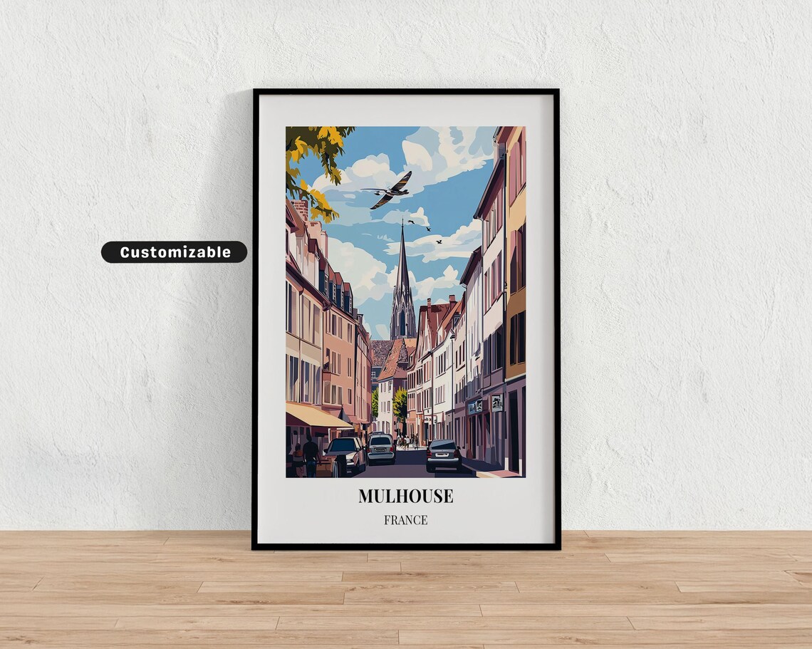 Mulhouse France Charming Street with Stork Flying Travel Poster