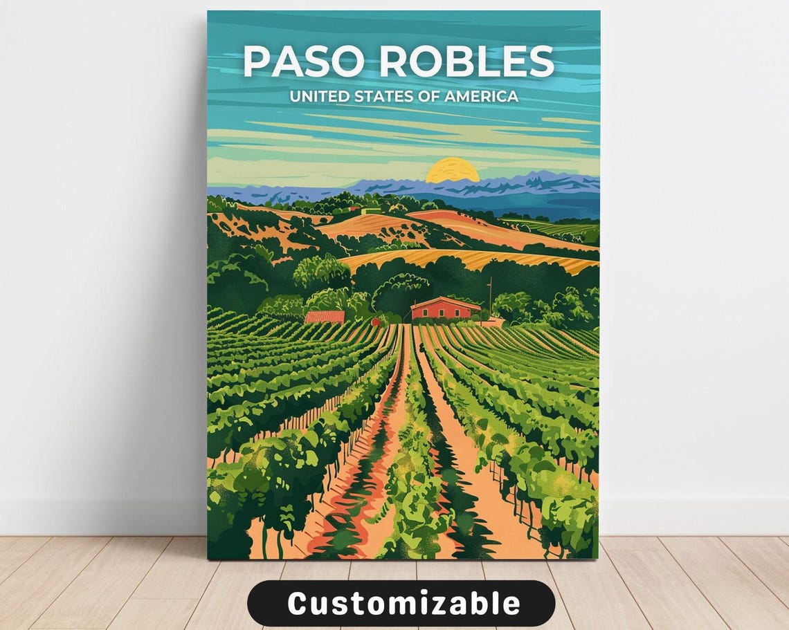 Paso Robles Vineyard Sunset Rolling Hills Wine Travel Poster