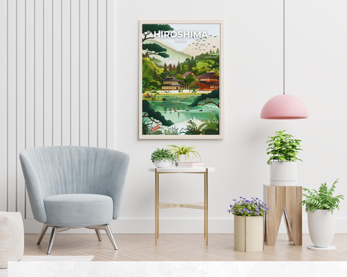 Hiroshima Japan Temple Pavilion Lakeside Garden Spring Poster - Image 2