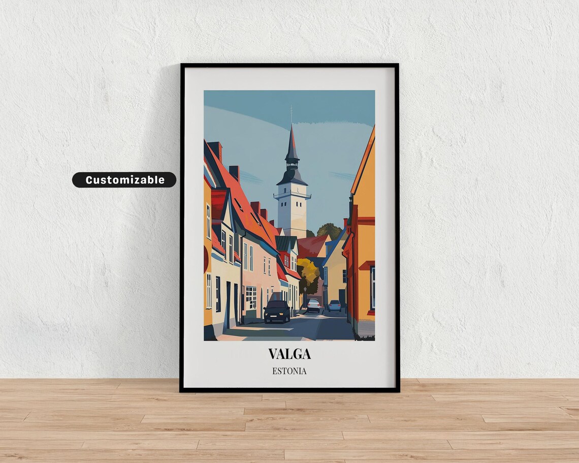 Valga Estonia Colorful Old Town Street Church Spire Travel Poster