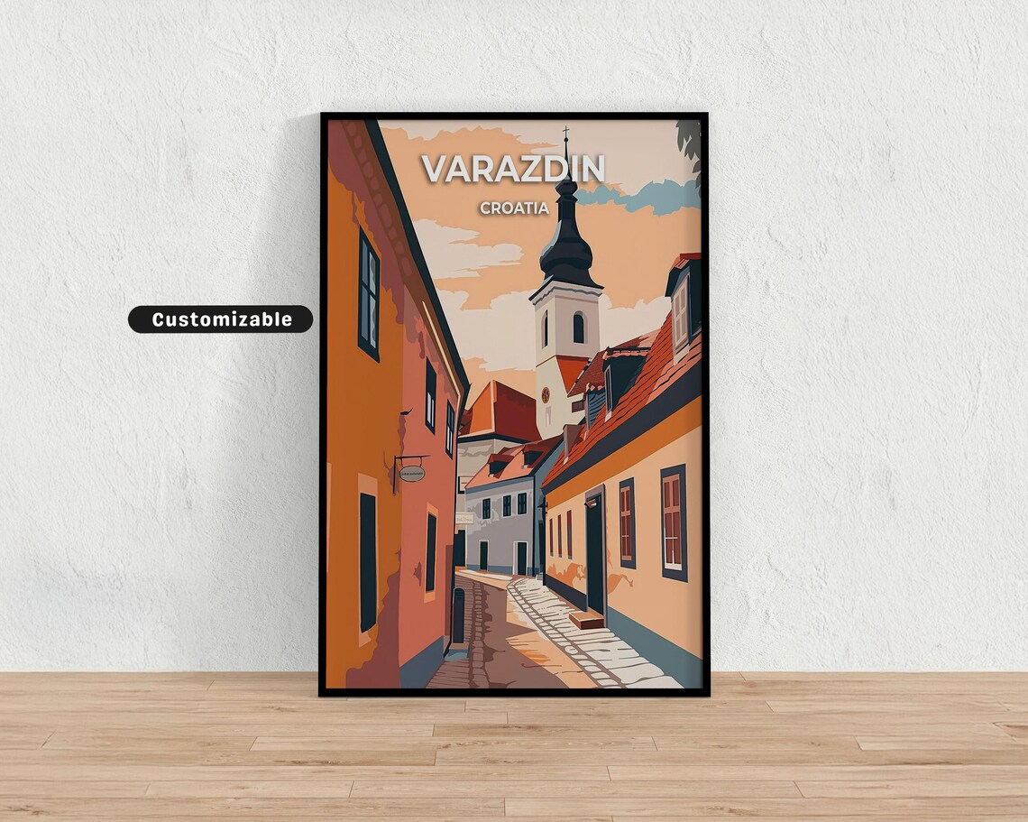 Varazdin Croatia Old Town Church Tower Custom Vintage Travel Poster