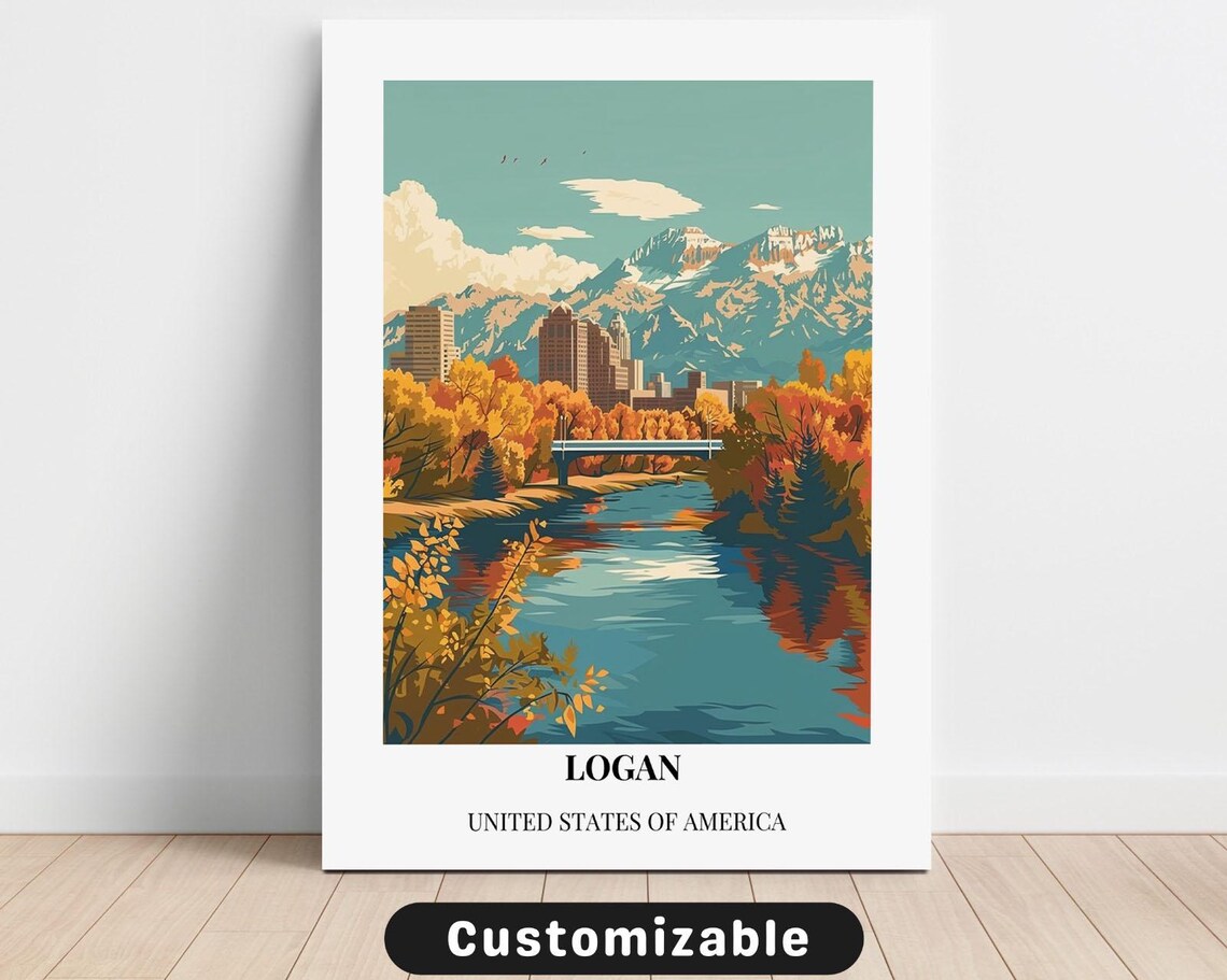 Logan Utah Mountain Autumn Lake Scenic Retro Travel Poster USA