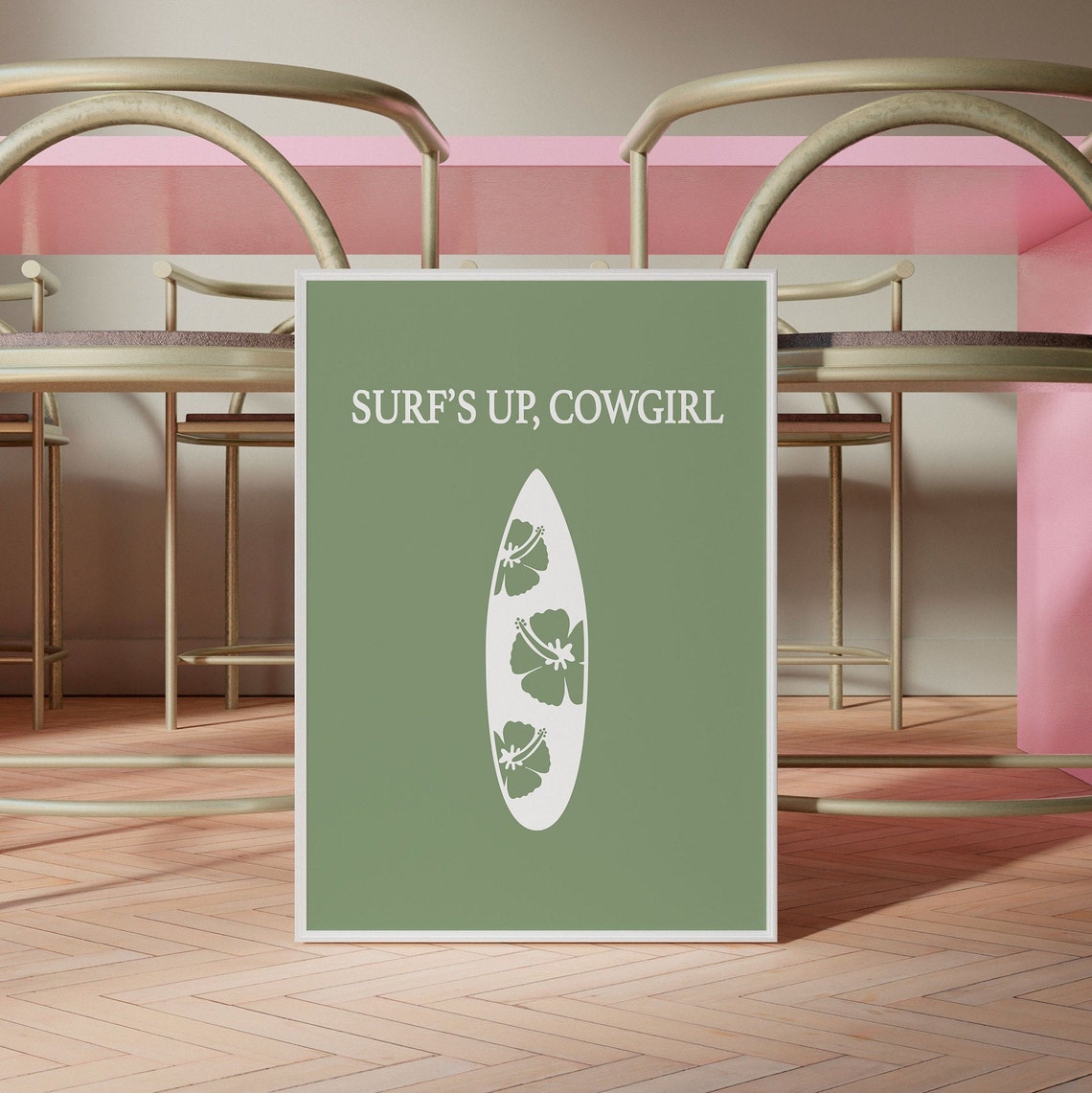 Surf's Up Cowgirl Sage Green Surfboard Hibiscus Beach Poster - Image 5