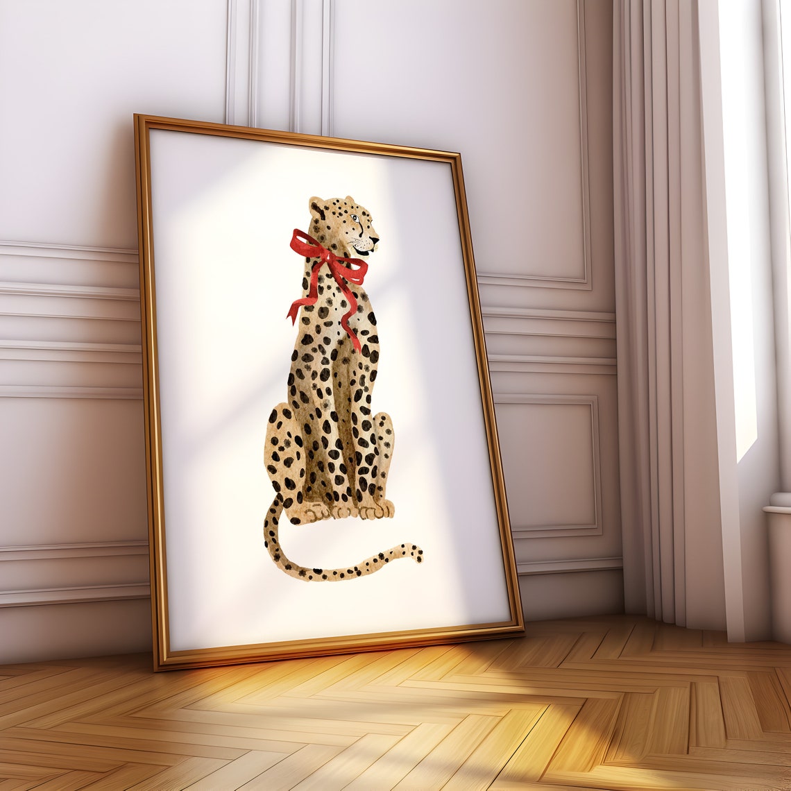 Cheetah With Red Bow Watercolor Coquette Animal Illustration Poster - Image 3
