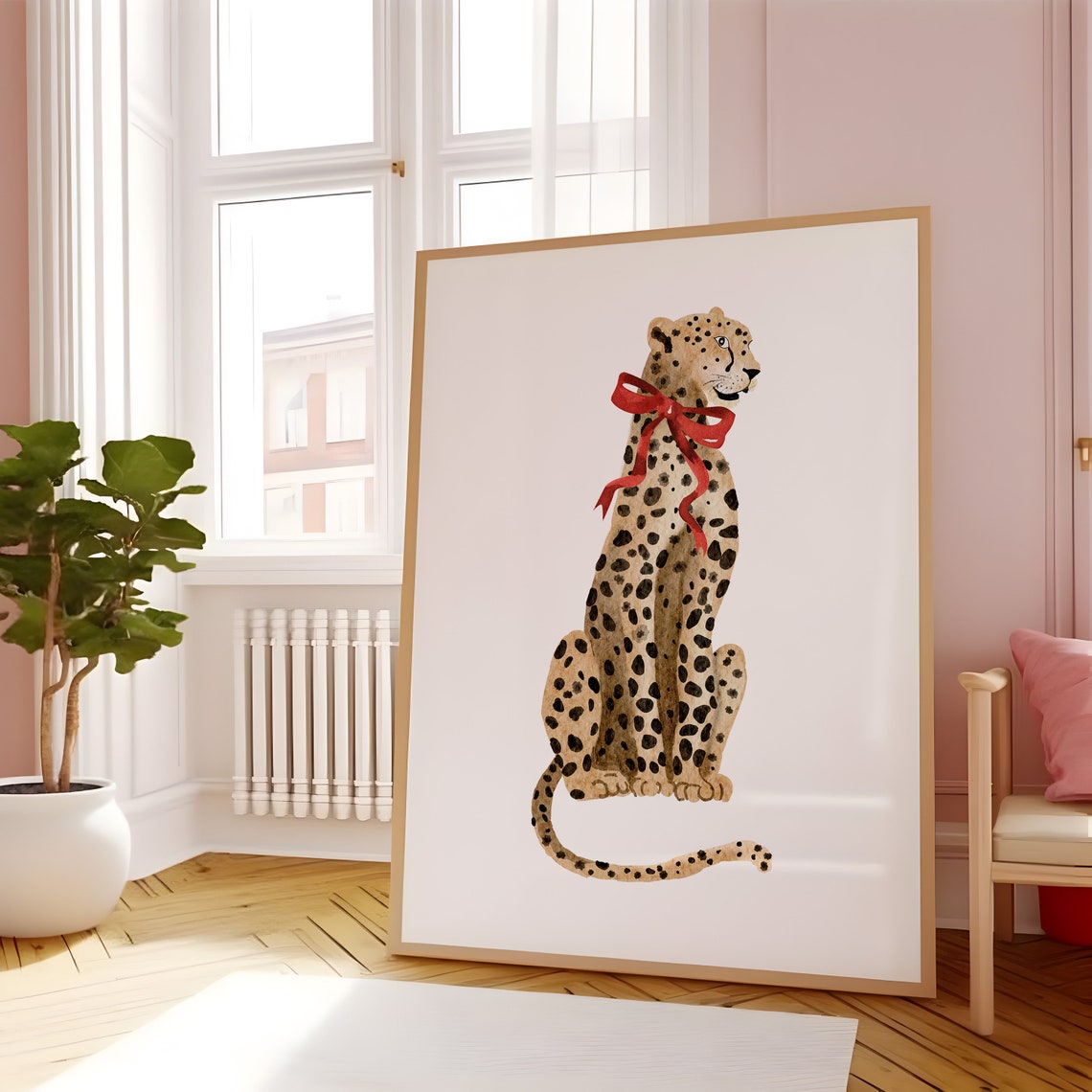 Cheetah With Red Bow Watercolor Coquette Animal Illustration Poster - Image 4