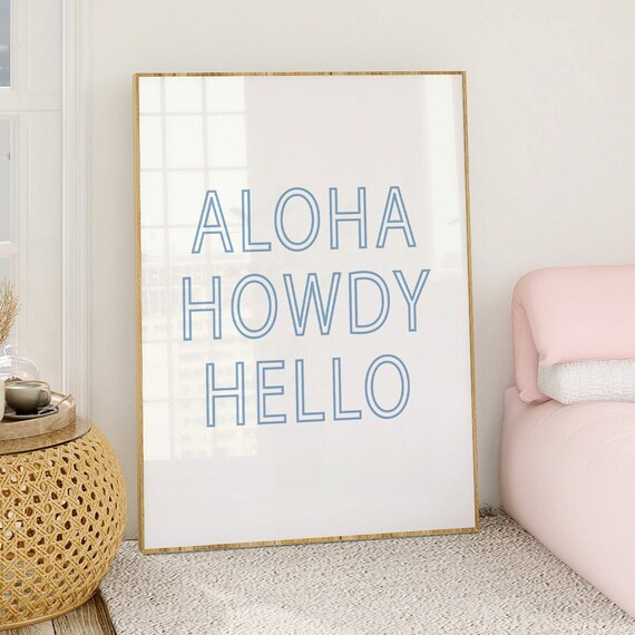 Aloha Howdy Hello Blue Outline Letters Minimal Typography Poster