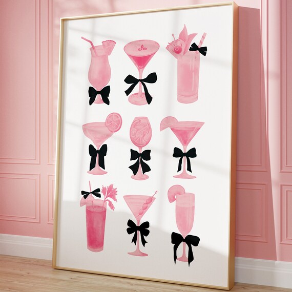 Pink Cocktails With Black Bows Coquette Martini Party Art Poster