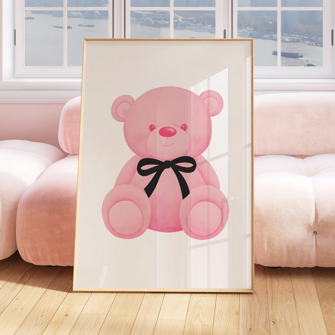 Pink Teddy Bear With Black Bow Cute Coquette Nursery Wall Art - Image 3
