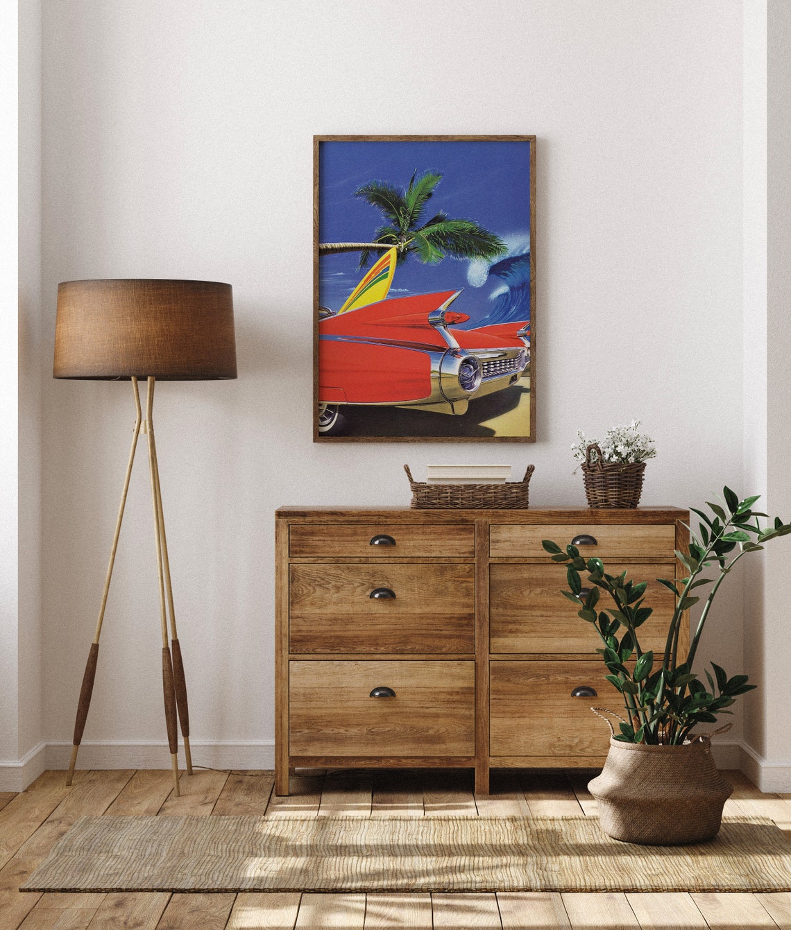 Red Classic Car Surfboard Palm Tree Crashing Wave Retro Poster - Image 6